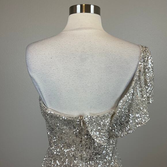 Aidan Mattox Sequined One Shoulder Ruffled Sheath Cocktail Dress Silver Size 12 - Picture 9 of 14